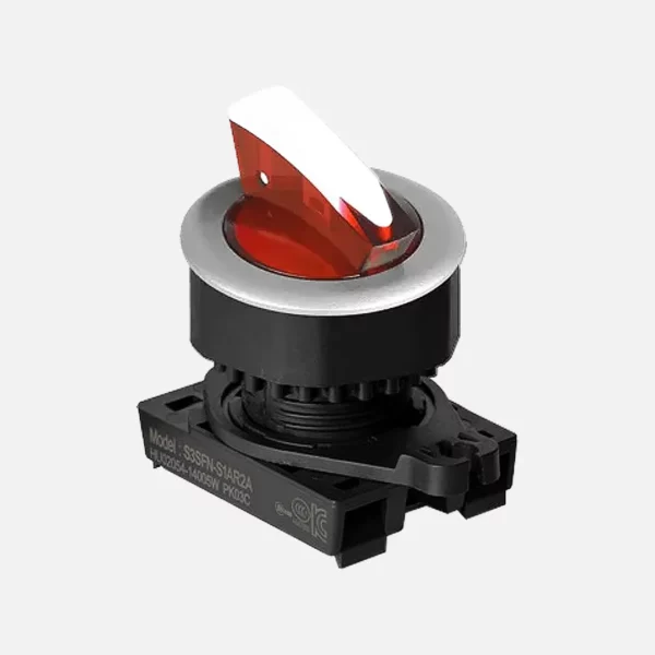 S3SFN-L5R Selector tipo palanca corta iluminado 3 posiciones 30mm momentáneo roj