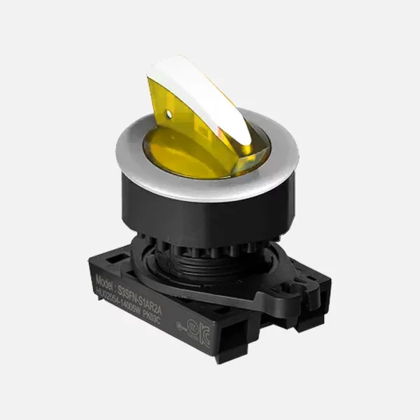 S3SFN-L7Y Selector tipo palanca corta iluminado 3 posiciones 30mm mantenido amar