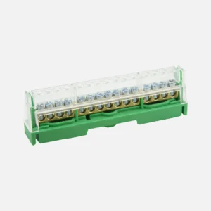 Terminal de tierra fisica atornillada 15 orificios 2x6AWG + 13x8AWG 750VCA Verde