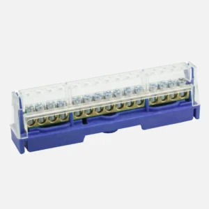 Terminal de neutro atornillada 15 orificios 2x6AWG + 13x8AWG 750VCA Azul